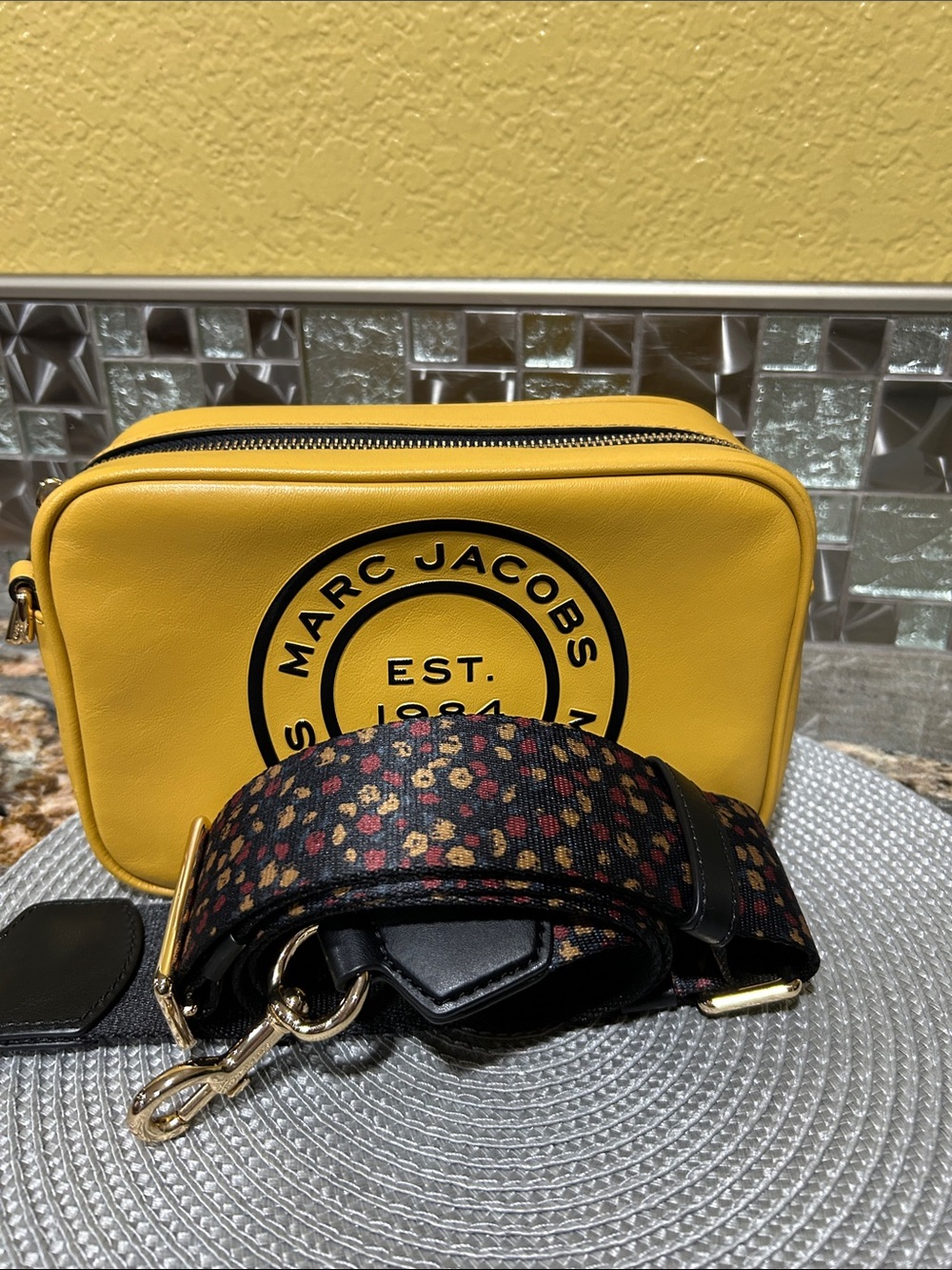 Marc Jacobs Bright Yellow Logo Crossbody Camera Bag with Patterned Strap